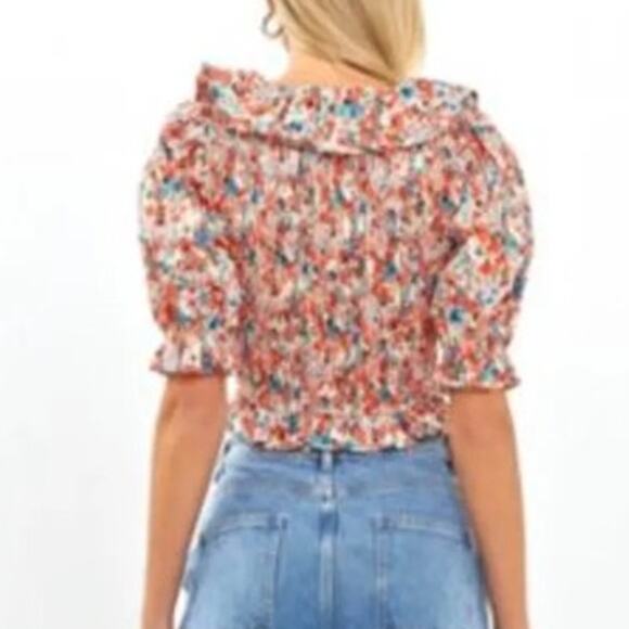 English Factory Ruffle Neck Smocked Top Floral Cropped M NWOT Feminine Playful - Picture 2 of 8
